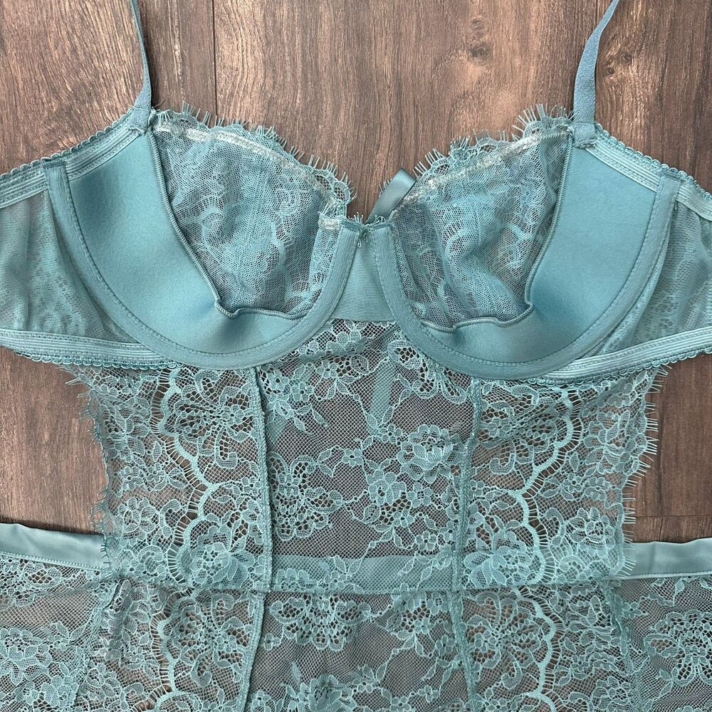 NWT Victoria's Secret Wicked Rose Lace Jade Blue Apron Lingerie Slip Size Large - Picture 12 of 14